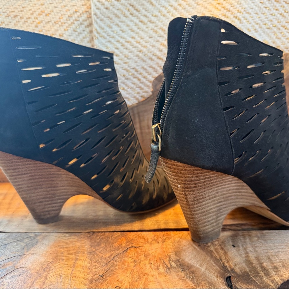 hinge Black Suede Laser-Cut Ankle Booties with Wood Stacked Heel